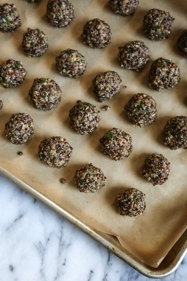 Vegetarian Quinoa Lentil Meatballs on a sheet pan before going in the oven