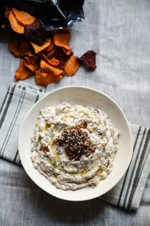 Healthy French Onion Dip Recipe with Greek Yogurt, Caramelized Onions, Shallots and Leeks. Served with Sweet Potato Chips! No Soup Mix Required. 