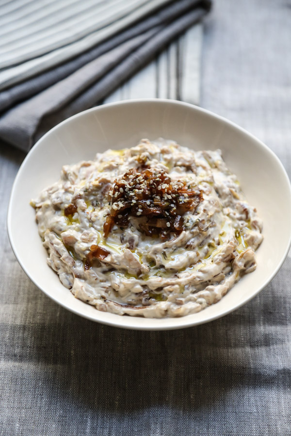 Healthy French Onion Dip Recipe with Greek Yogurt, Caramelized Onions, Shallots and Leeks. Served with Sweet Potato Chips! No Soup Mix Required. 