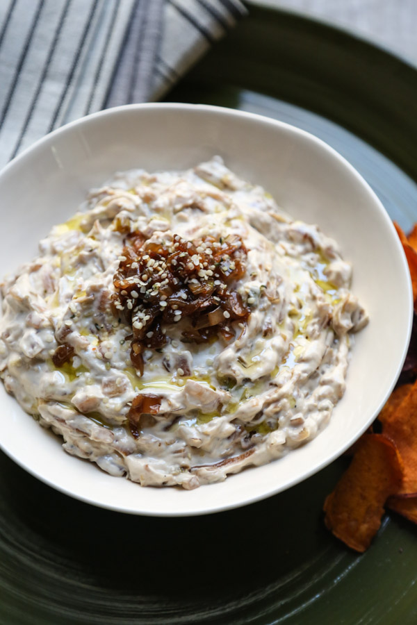 Healthy French Onion Dip Recipe with Caramelized Onions, Shallots and Leeks. Served with Sweet Potato Chips! No Soup Mix Required.