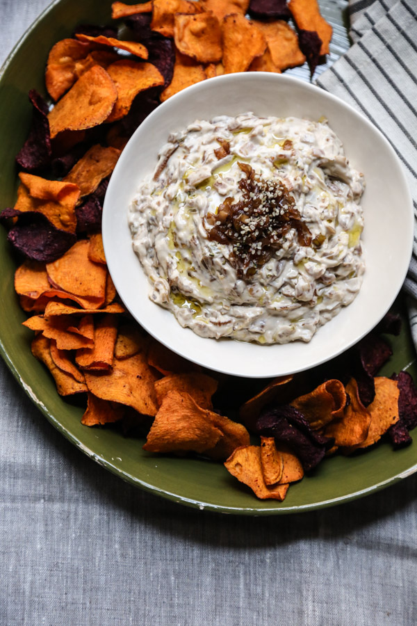 Healthy French Onion Dip Recipe with Caramelized Onions, Shallots and Leeks. Served with Sweet Potato Chips! No Soup Mix Required. 