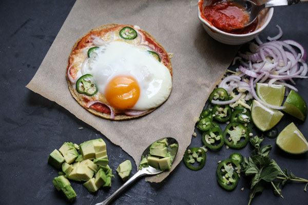 An Easy Gluten-Free Breakfast Pizza Recipe with Mexican Taco Toppings - Avocado, Jalapeño, Egg, on Corn Tortillas | Healthy