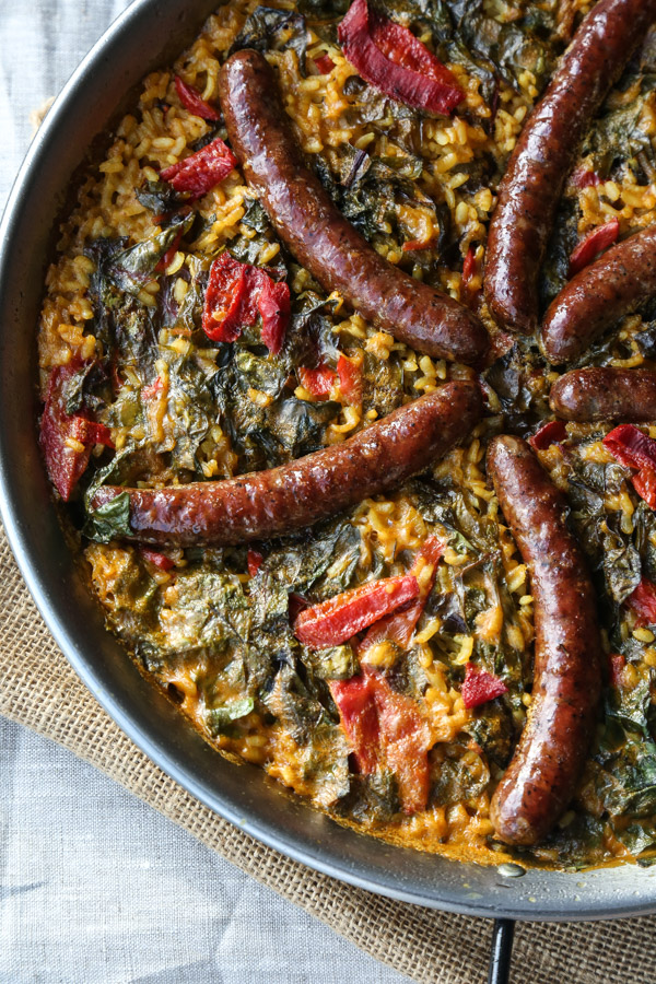 An Easy Spanish Paella Recipe with Saffron, Merguez and Chard | Authentic, Traditional Rice Dish | www.FeedMePhoebe.com