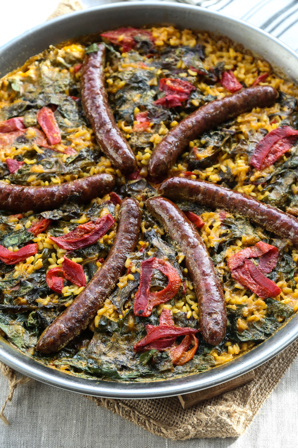 An Easy Spanish Paella Recipe with Saffron, Merguez and Chard | Authentic, Traditional Rice Dish | www.FeedMePhoebe.com