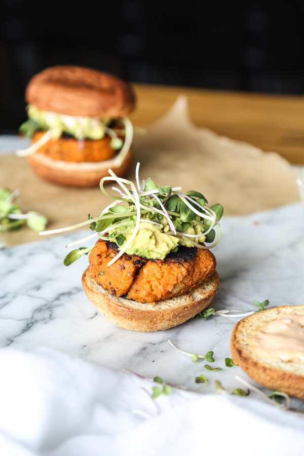 Paleo Cauliflower Sweet Potato Burger Recipe with Avocado, Sprouts, and Sriracha Aioli | Vegetarian Paleo, Gluten-Free, Healthy, Grain-Free | Feed Me Phoebe