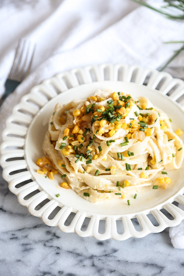 Sweet and Spicy Corn Pasta with Ricotta and Chives (Gluten-Free) | A Quick Weeknight Dinner Recipe, Kicked Up With Fresh Sweet Corn and Cayenne | Feed Me Phoebe