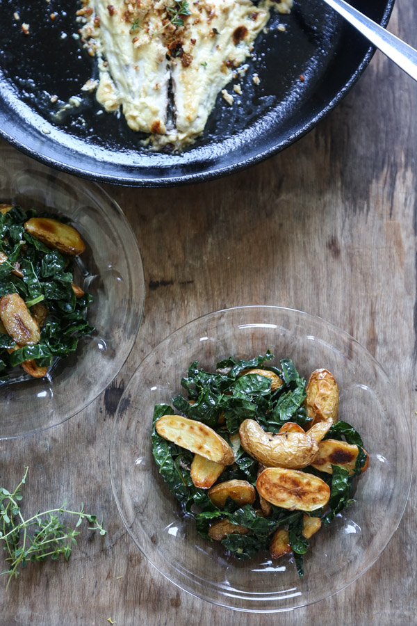 A Baked Bluefish Recipe with Anchovy Kale, Crispy Potatoes, and Garlic-Thyme Pangritata | 3 Ingredients in its simplest form, but even more outstanding as a complete meal with these other elements! | Feed Me Phoebe