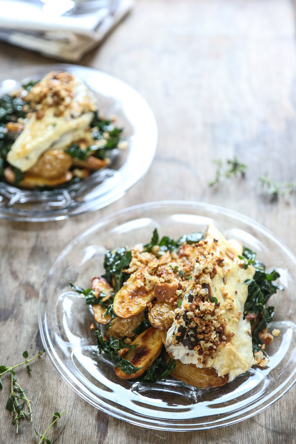A Baked Bluefish Recipe with Anchovy Kale, Crispy Potatoes, and Garlic-Thyme Pangritata | 3 Ingredients in its simplest form, but even more outstanding as a complete meal with these other elements! | Feed Me Phoebe