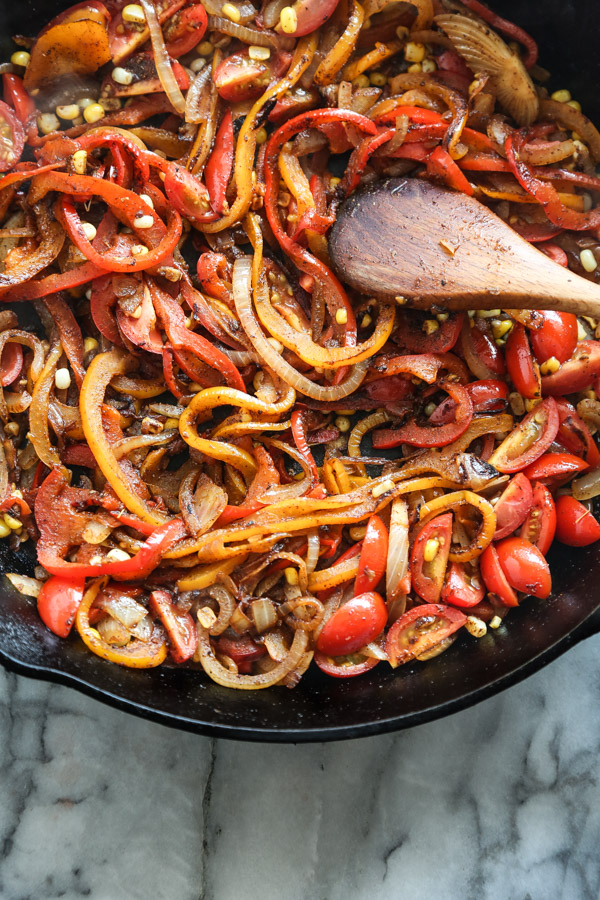 Spiralized Bell Pepper and Beef Taco Skillet with Fresh Corn, Avocado and Chipotle Cashew Cream | Feed Me Phoebe 