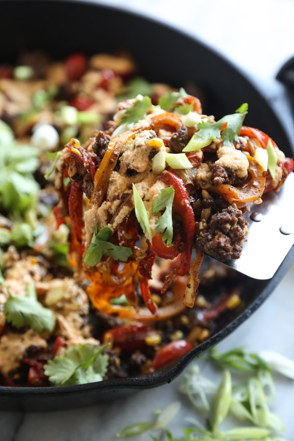 Spiralized Bell Pepper and Beef Taco Skillet with Fresh Corn, Avocado and Chipotle Cashew Cream | Feed Me Phoebe 