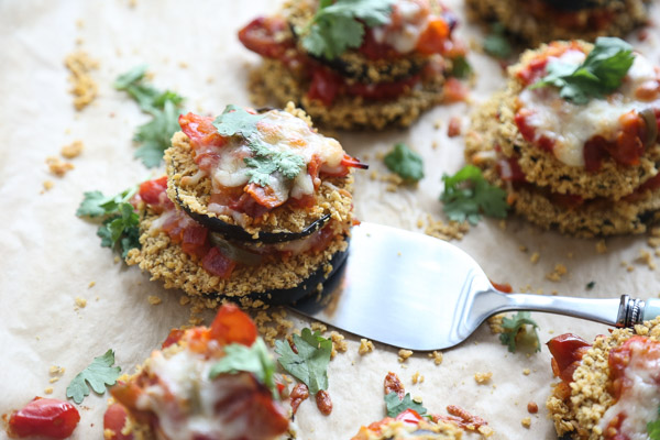 MEXI EGGPLANT PARM | This baked gluten-free eggplant parmesan recipe uses Mexican flavors and a crunchy tortilla chip breading. It comes together on a sheet pan - so easy! | FEED ME PHOEBE