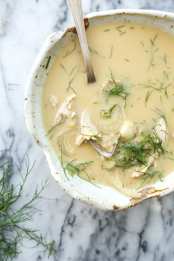 This version of Avgolemono Soup--the classic Greek lemon soup with egg broth--is simmered with fennel, quinoa and shredded chicken. Perfect for cold season! | Feed Me Phoebe