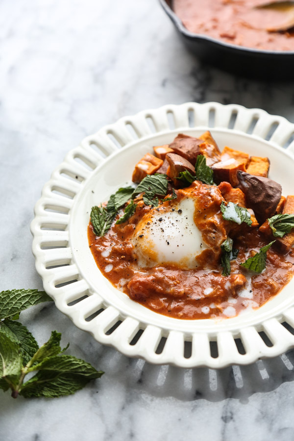 Masala-Style Baked Eggs in Purgatory - an Indian spin on the classic Italian baked egg recipe with coconut cream, garam masala and cumin. An easy fast recipe for a vegetarian dinner or weekend brunch. | Feed Me Phoebe