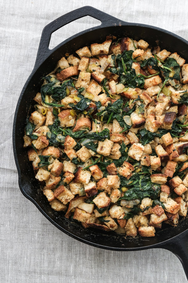 Gluten-Free Stuffing Recipe with a Vegan "Creamed" Spinach and Leeks - a great vegan / vegetarian option for Thanksgiving! 