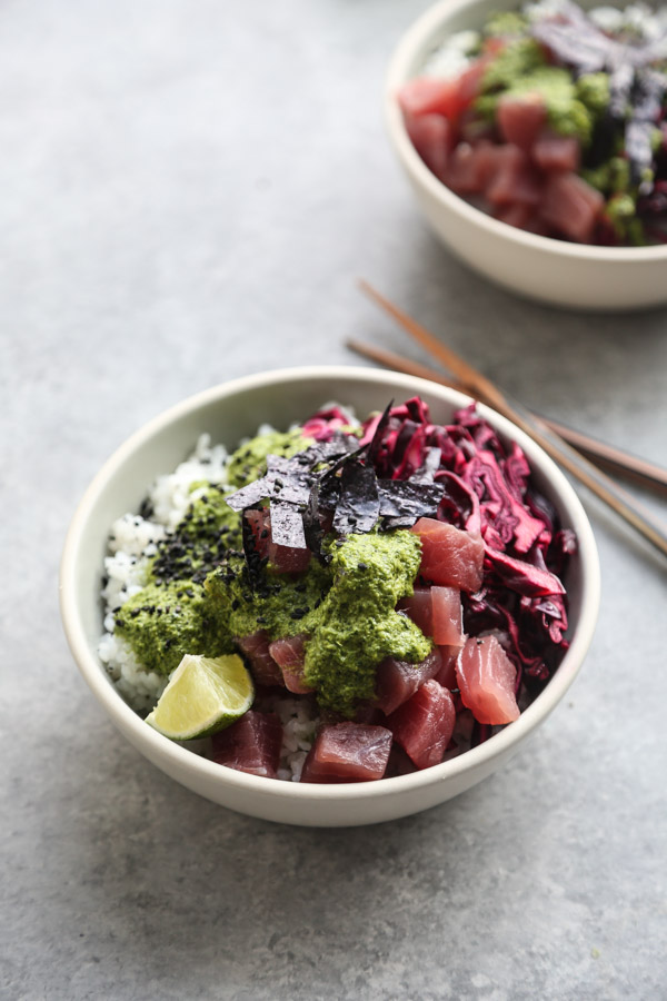 Ahi Tuna Poke Recipe with Pickled Cabbage and Cilantro-Ginger Sauce | Easy Bowls | Feed Me Phoebe