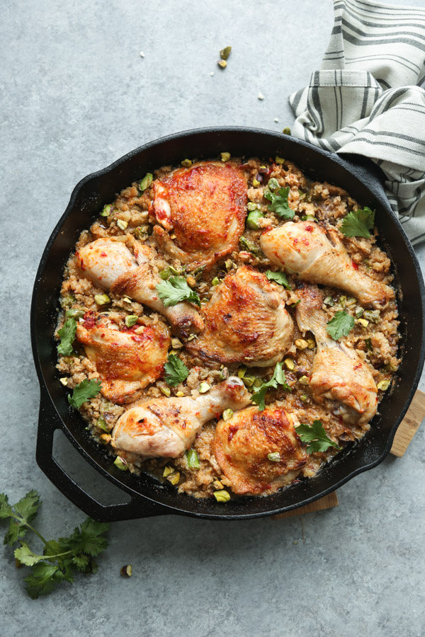Harissa Moroccan Chicken Recipe with Dates, Pistachios and Cauliflower Couscous