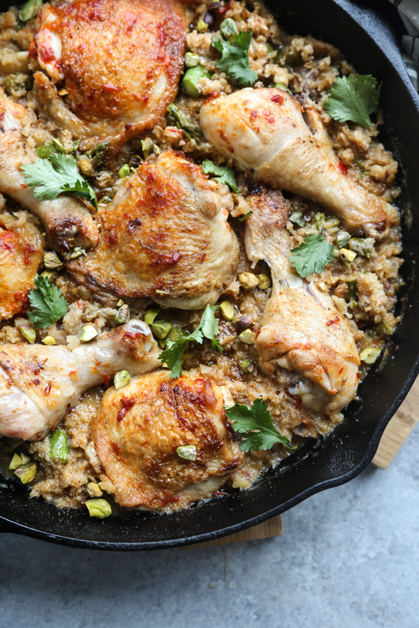  Harissa Moroccan Chicken Recipe with Dates, Pistachios and Cauliflower Couscous 