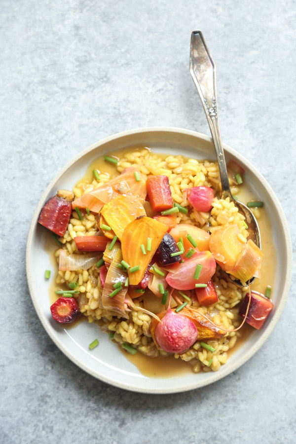 Milanese Saffron Risotto Recipe with Lemony Braised Spring Vegetables | Feed Me Phoebe #glutenfree