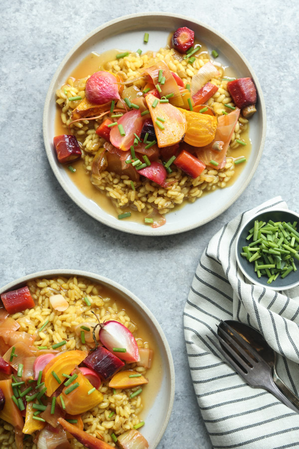 Milanese Saffron Risotto Recipe with Lemony Braised Spring Vegetables | Feed Me Phoebe #glutenfree