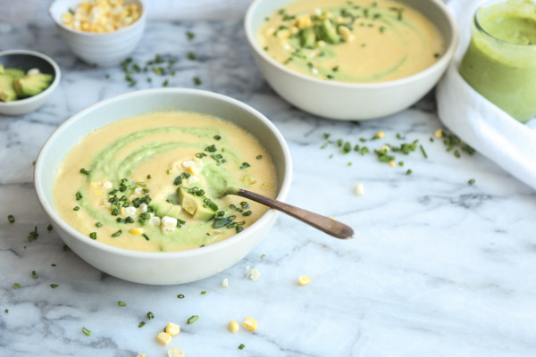 This sweet corn soup recipe is so simple! It's creamy like a chowder, but less than 5 ingredients, Gluten-Free and Vegan. An easy summer dinner!