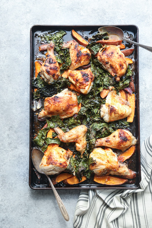 Red Curry Sheet Pan Chicken Recipe with Sweet Potatoes + Kale | Paleo