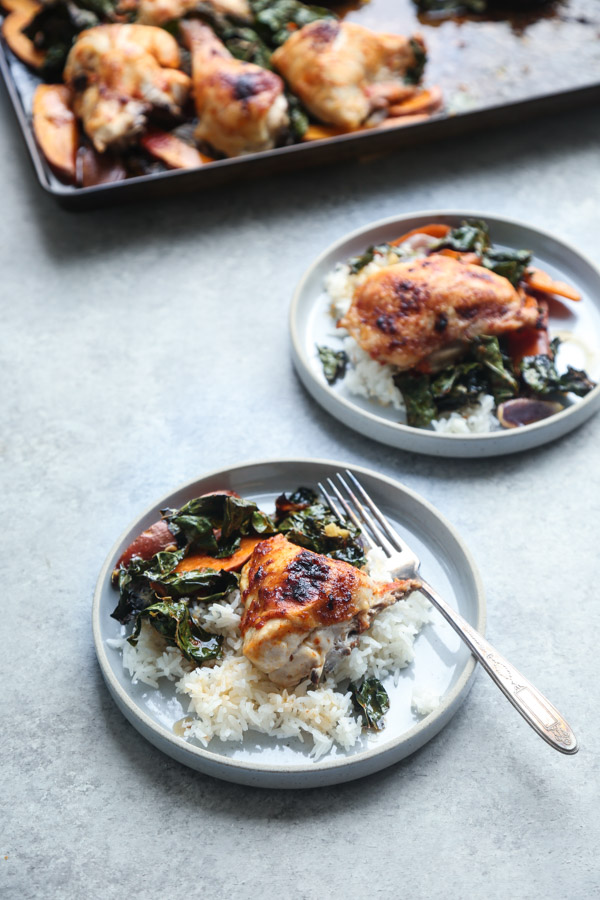 Red Curry Sheet Pan Chicken Recipe with Sweet Potatoes and Crispy Kale | Healthy Easy Dinners | #GlutenFree #Whole30 #Paleo