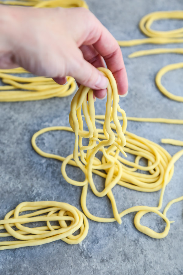 Homemade Gluten-Free Tuscan Pici Spaghetti Noodles held by a hand