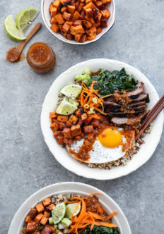 Korean Beef Bibimbap Bowl Recipe with Quinoa, Miso Sweet Potatoes and Gluten-Free Spicy Tomatillo Sauce | This Korean beef bibimbap bowl recipe is packed with healthy vegetables, quinoa instead of rice, and topped with a gluten-free spicy tomatillo sauce.