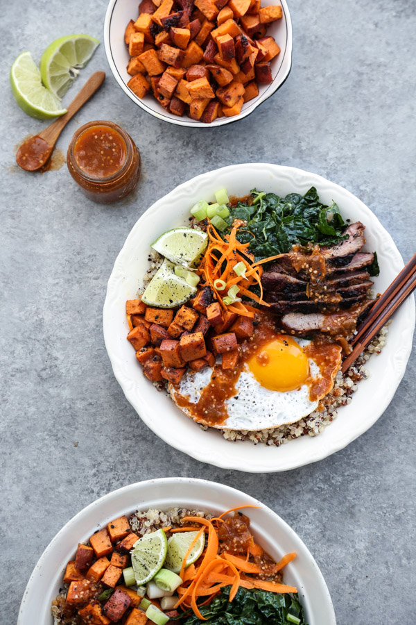 Korean Beef Bibimbap Bowl Recipe with Quinoa, Miso Sweet Potatoes and Gluten-Free Spicy Tomatillo Sauce | This Korean beef bibimbap bowl recipe is packed with healthy vegetables, quinoa instead of rice, and topped with a gluten-free spicy tomatillo sauce.