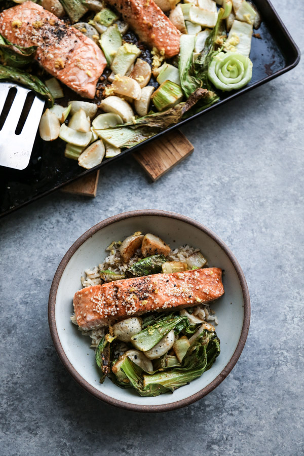 Sesame Sheet Pan Salmon with Baby Turnips and Bok Choy | Healthy, Gluten-Free, Low FODMAP Recipe