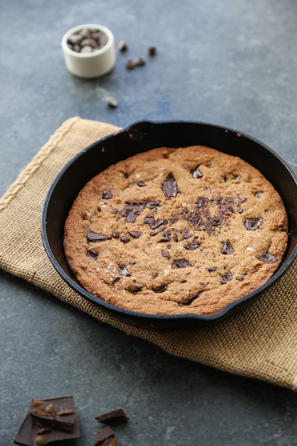 Chocolate Chip Skillet Cookie Recipe in a Cast Iron Pan