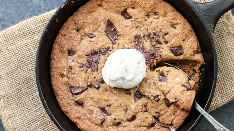 Chocolate Chip Skillet Cookie Recipe in a Cast Iron Pan