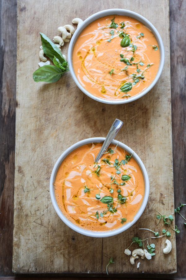 bowl of creamy tomato soup on a counter