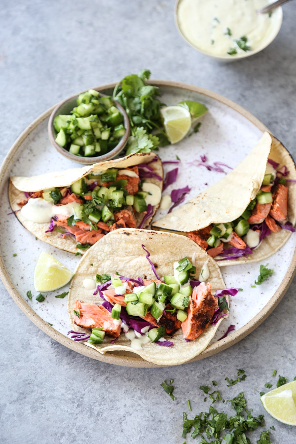 salmon fish tacos on a platter