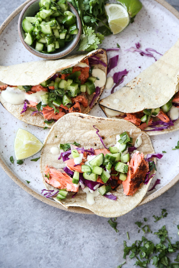 salmon fish tacos on a platter
