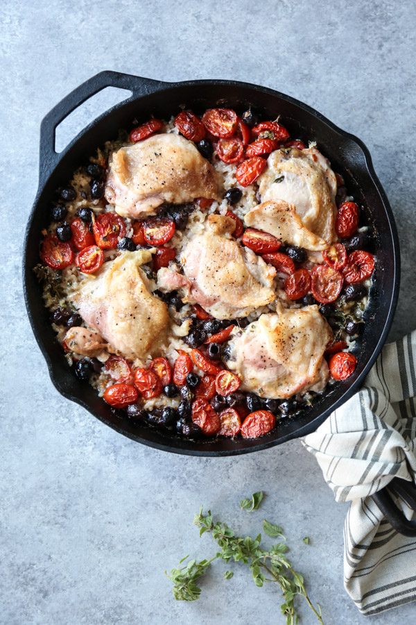 chicken and rice in a skillet casserole dish