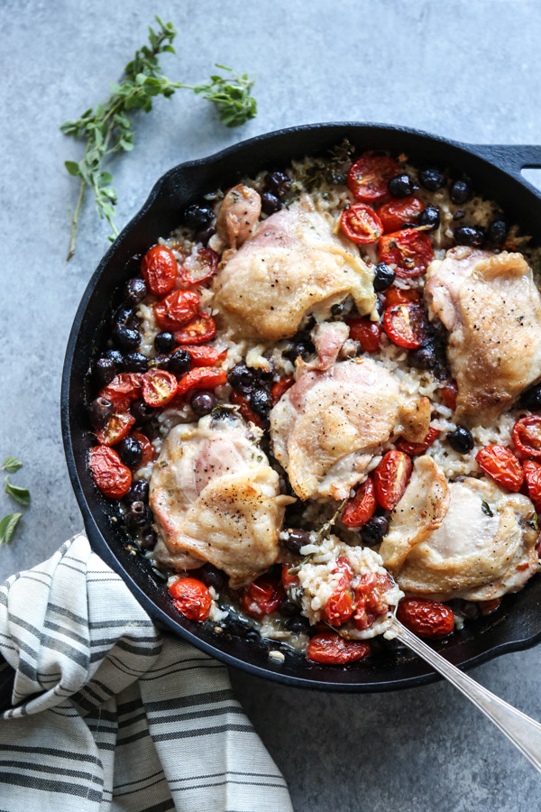 chicken and rice in a skillet casserole dish