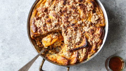 french toast in a casserole pan with pumpkin