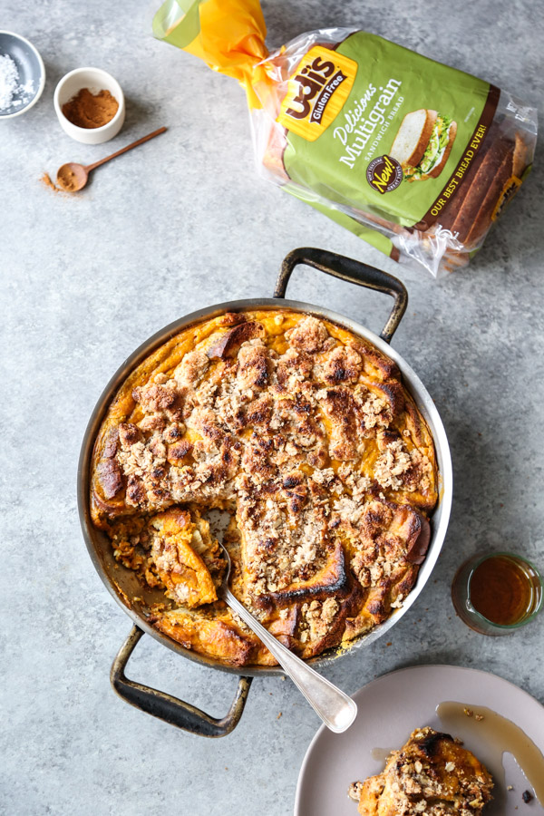 french toast in a casserole pan with pumpkin