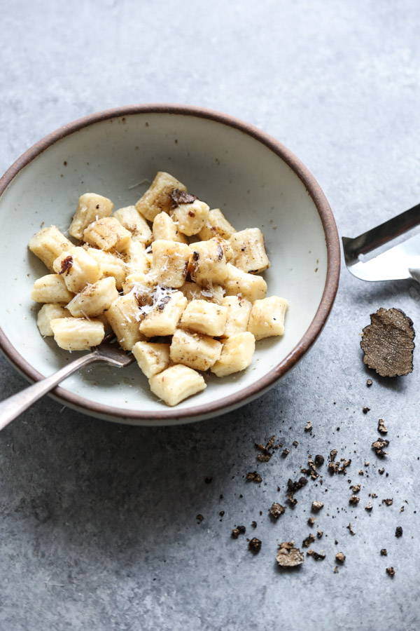 gnocchi with black truffles in a bowl