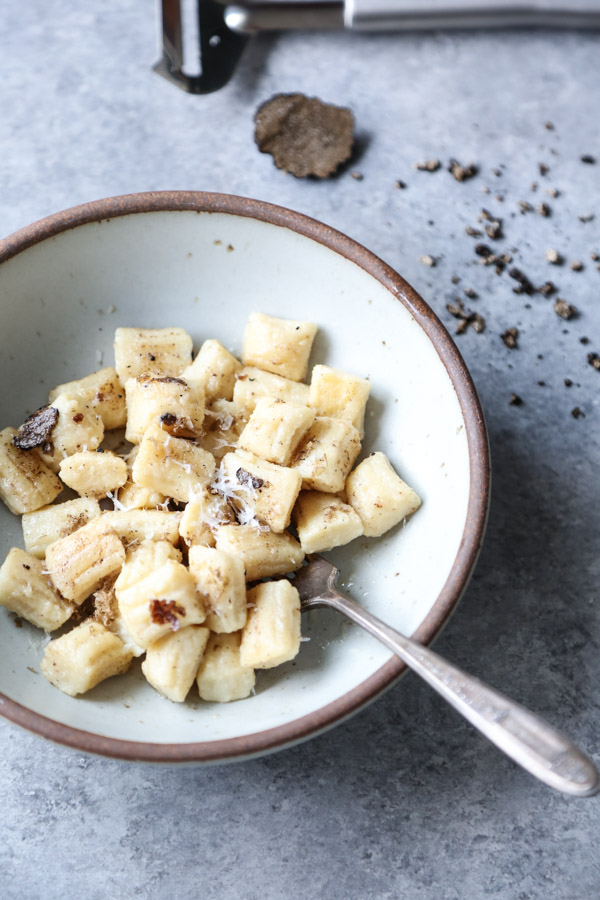 gnocchi with black truffles in a bowl