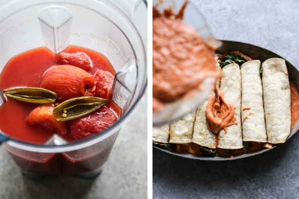 Place dairy-free enchilada sauce in a blender and pour over gluten-free enchiladas