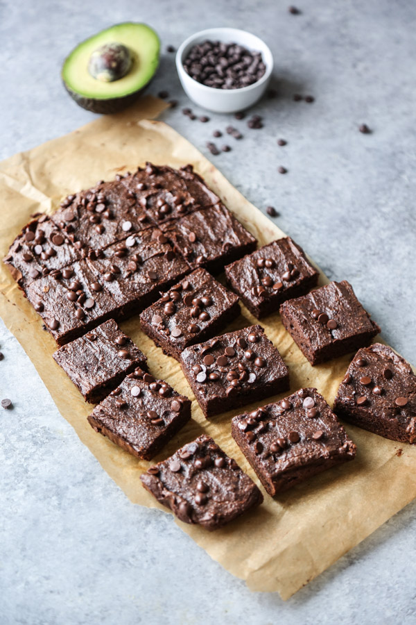 sliced brownie squares on a cutting board