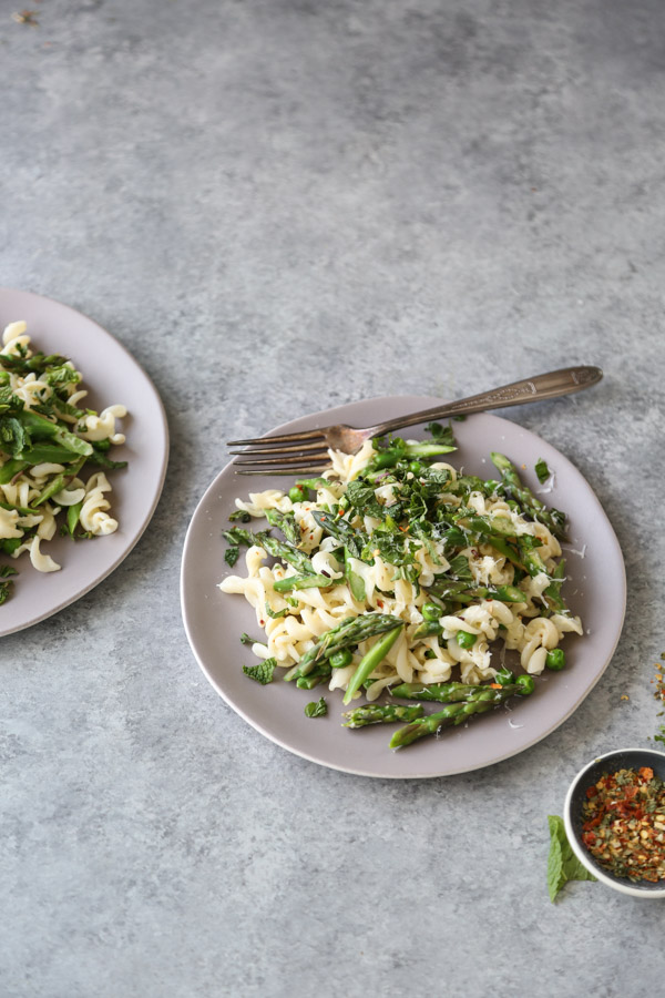 spring vegetable pasta on a plate
