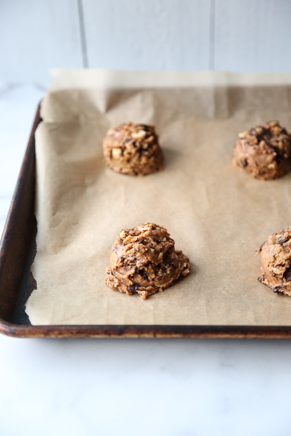 vegan chocolate chip cookies on a sheet pan