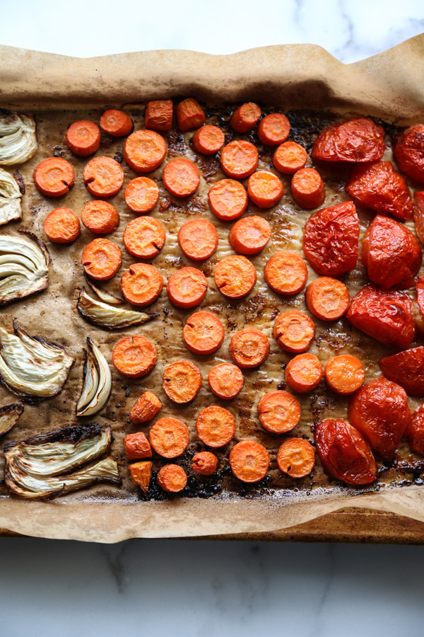 tomatoes carrots fennel roasted in a sheet pan