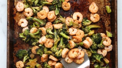 Chinese shrimp and broccoli on a sheet pan