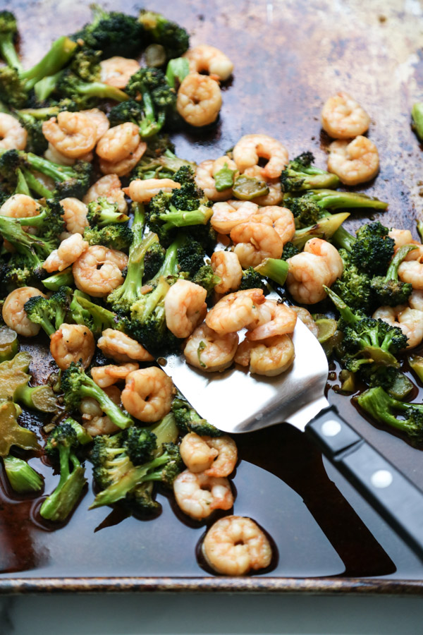 Chinese shrimp and broccoli on a sheet pan