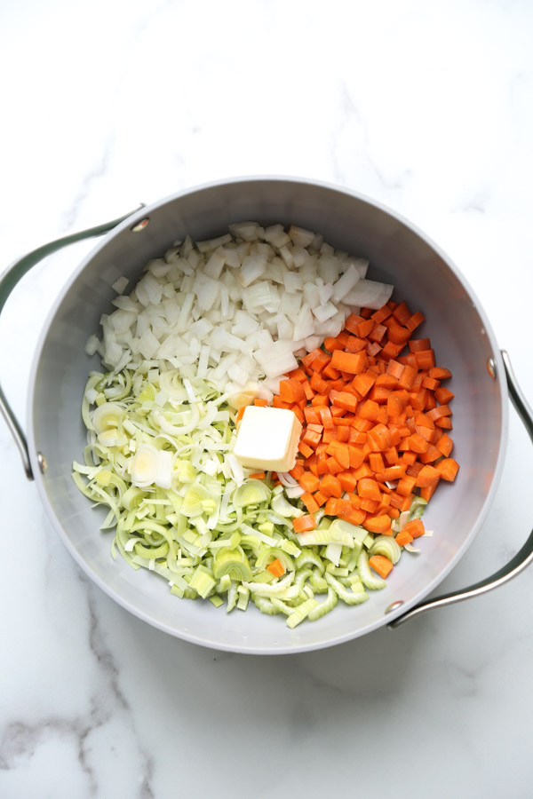 mirepoix and butter in a pot