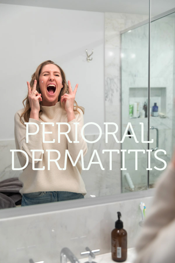 Phoebe Lapine the author with cream on her face looking in the mirror and text overlay "Perioral dermatitis"